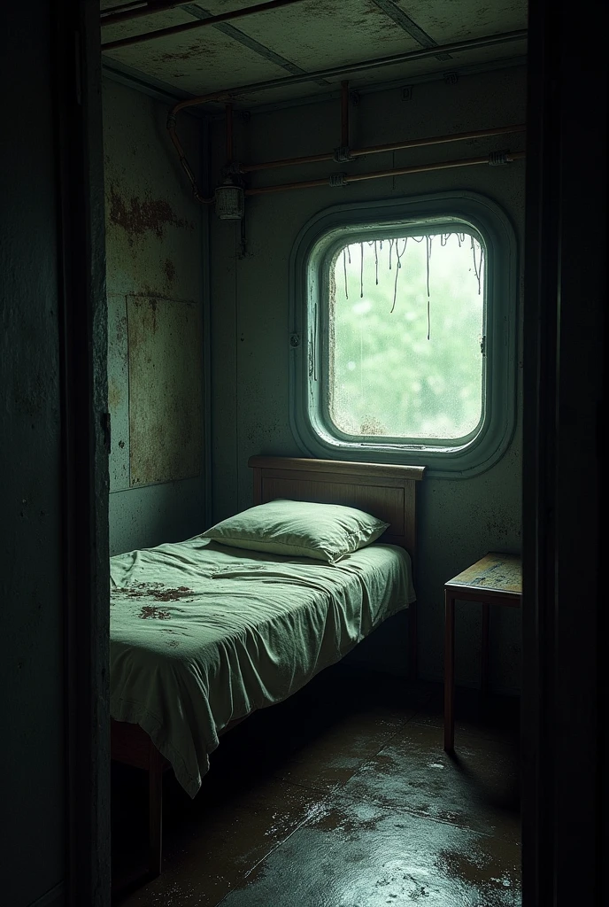 Inside a small spaceship,Small dirty bed,Living Style,Water droplets on a small window,Dim lighting,
