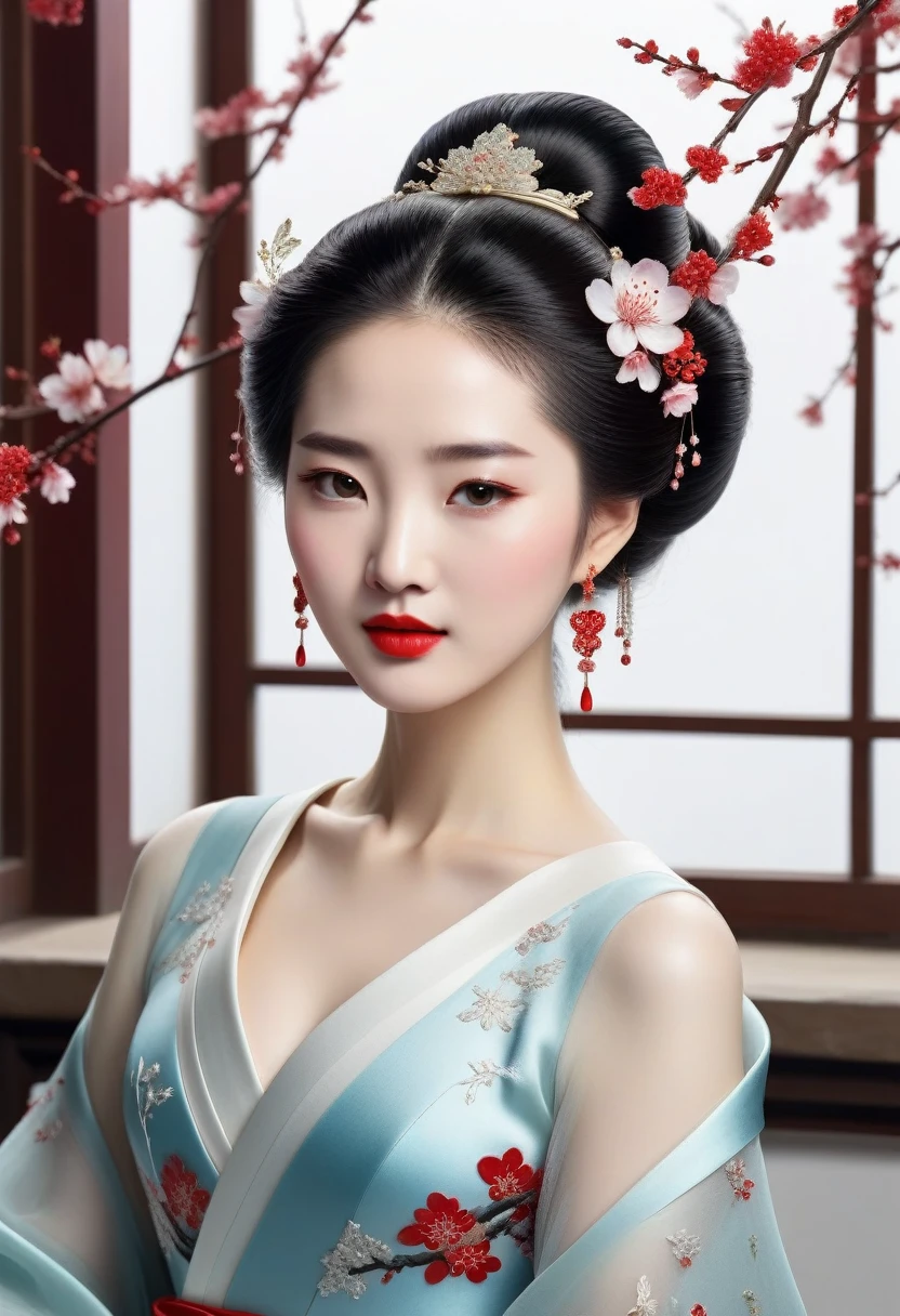 A sparkling, gorgeous jewel, Minimalist design, Public figure, reply, Ancient Beauty, Looks like Liu Yifei., window fairy, Edo hairstyle, Red lips smiled like cherry blossoms, Curved posture, white background, raised an eyebrow, Not messy, enlargement, rococo style, animation style, high detail, Contemporary art