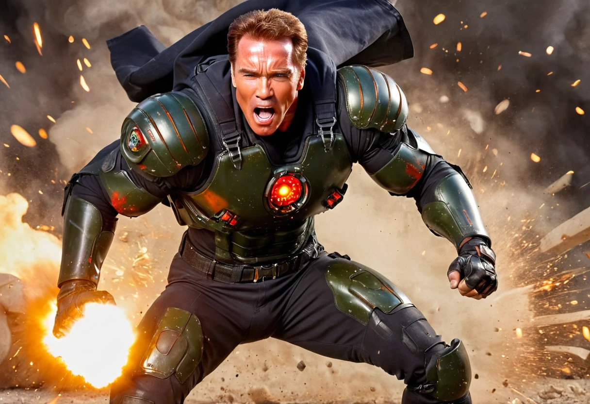 (best quality,4K,8ก,height,Masterpiece:1.2),Very detailed,realistic:1.37,Arnold Schwarzenegger,heartless,bright colors,Sharp focus,Machine gun in hand,shooting,Fire Explosion,The empty shell falls off.,explosion on background,incredible light,strong shadow,Physical rendering,metallic sheen,Powerful muscles,sweat glistening,Action Hero Expressions,Determined eyes,Gravel background,The air is full of smoke.,Action-packed scenes,high contrast,High Power,Booming sound effects,Loud explosion,Spark bullet,Powerful impact,