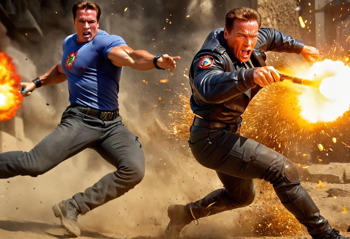 (best quality,4K,8ก,height,Masterpiece:1.2),Very detailed,realistic:1.37,Arnold Schwarzenegger,heartless,bright colors,Sharp focus,Machine gun in hand,shooting,Fire Explosion,The empty shell falls off.,explosion on background,incredible light,strong shadow,Physical rendering,metallic sheen,Powerful muscles,sweat glistening,Action Hero Expressions,Determined eyes,Gravel background,The air is full of smoke.,Action-packed scenes,high contrast,High Power,Booming sound effects,Loud explosion,Spark bullet,Powerful impact,