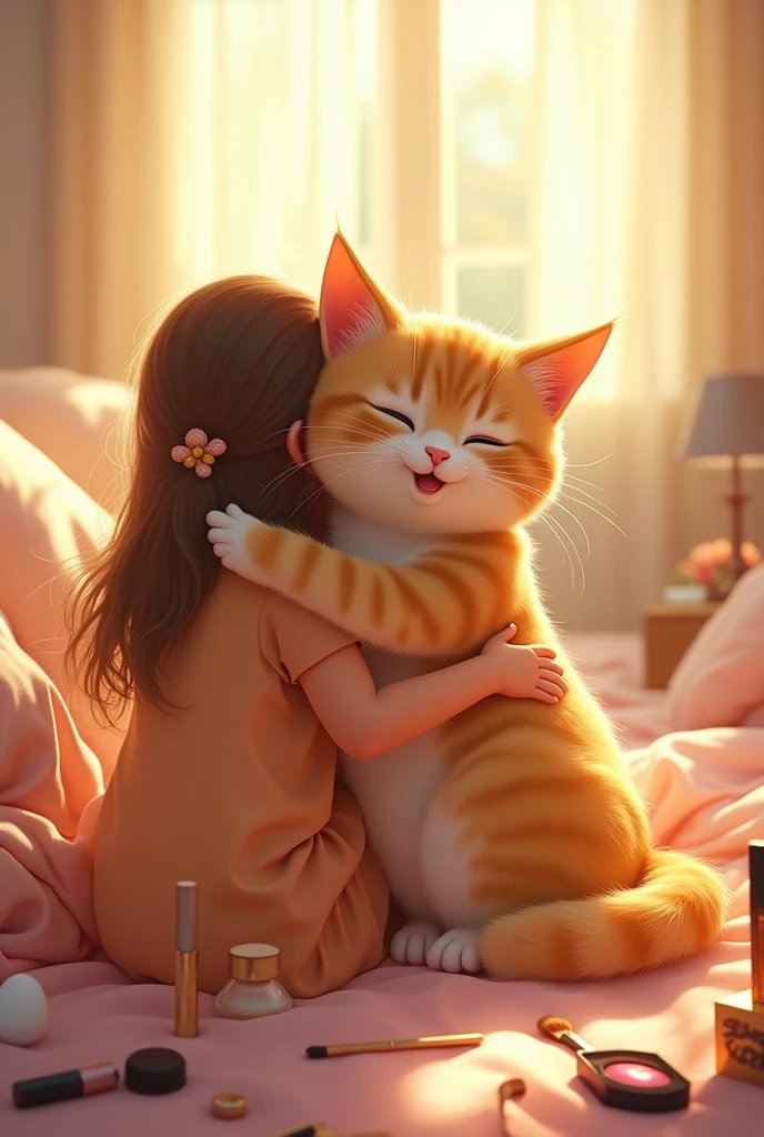 Golden cat is happy now and hug their owner young girl after taking makeup produts on bed in the sunny bright room