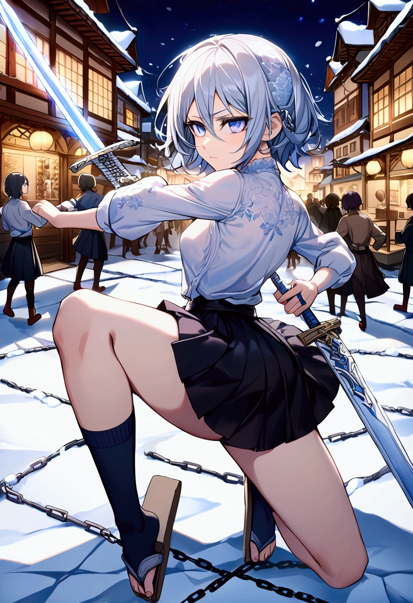 ((Highest quality)),((Very detailed)),(((Has two swords))),((Pale-white shining sword,Two-Way,The swords are connected by a chain)), ((Town square at night,)), ((Blue mesh on hair)),masterpiece, Detailed face,Beautiful Face, Top view, (Fighting), ((ice,snow)),(Long-legged white shirt,Short black skirt,White floral pattern on skirt,White socks,geta),((One girl)),((Blue Eyes,Dynamic pose,A slightly fluffy shirt)) , Rukia, Gray Hair, short hair, Hair between the eyes, Purple eyes, Small breasts,cold