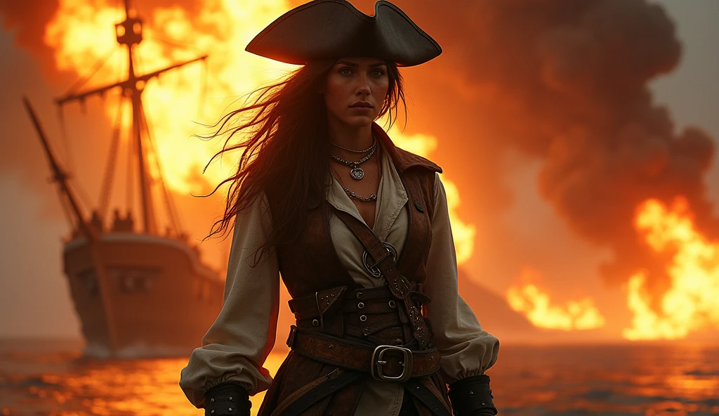 A female pirate standing in front of a burning ship, in an epic, cinematic, movie poster style, with smoke and fire around the pirate ship behind him, in a full body shot, with cinematic lighting, cinematic colors, volumetric light, a dynamic composition, from a dramatic angle, at high resolution, with high detail, and high quality.. hkpirate, masterpiece, best quality, highly detailed, sharp focus, dynamic lighting
