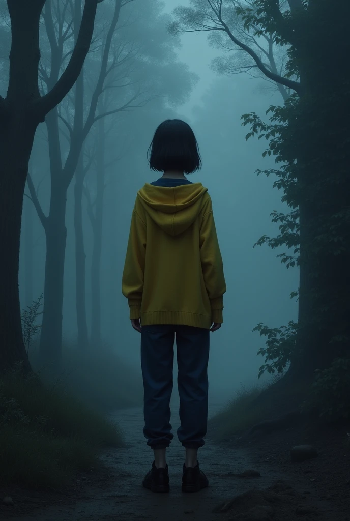 Fillbrune portant un pull jaune qui descend de ses epaules sur un habit bleu nuit un jean noir, de dos, debout dans une forêt très brumeuse la nuit ;a droite de l'image sombre