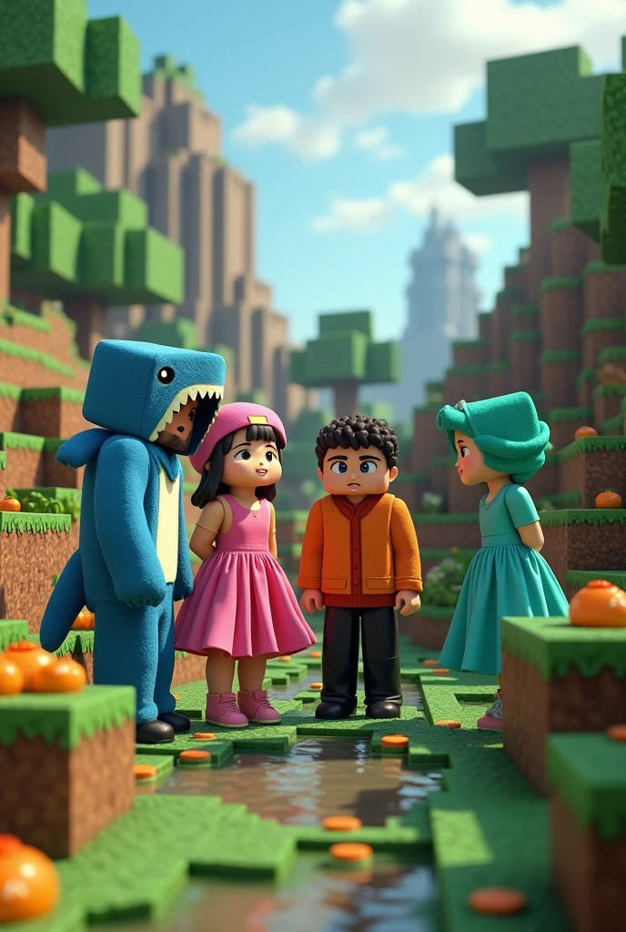 Four Minecraft characters, one in a shark costume, with chocolate skin, another one with a pink dress, another with an orange jacket, and black pants, and the other with a water green dress, with Minecraft background, realisitic