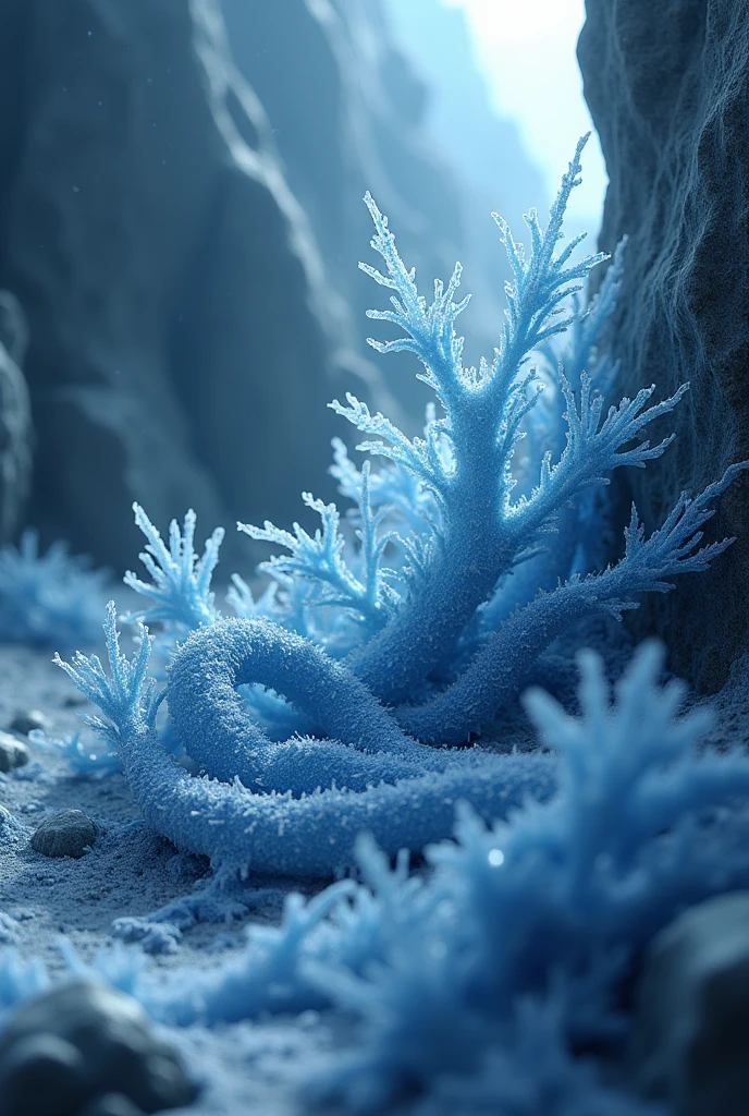 a hardy, creeping vine with icy blue leaves and frost-covered tendrils. It thrives in the coldest climates and is often found growing in the shadows of glaciers