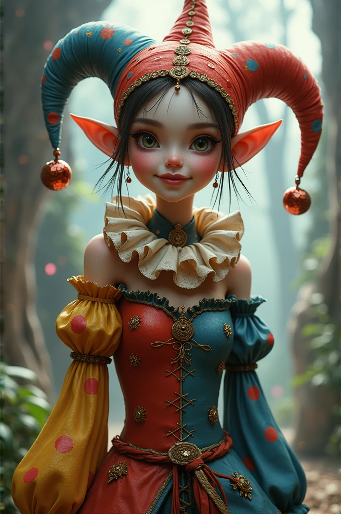 half elf, with clown clothes, and a mischievous, deceitful smile
