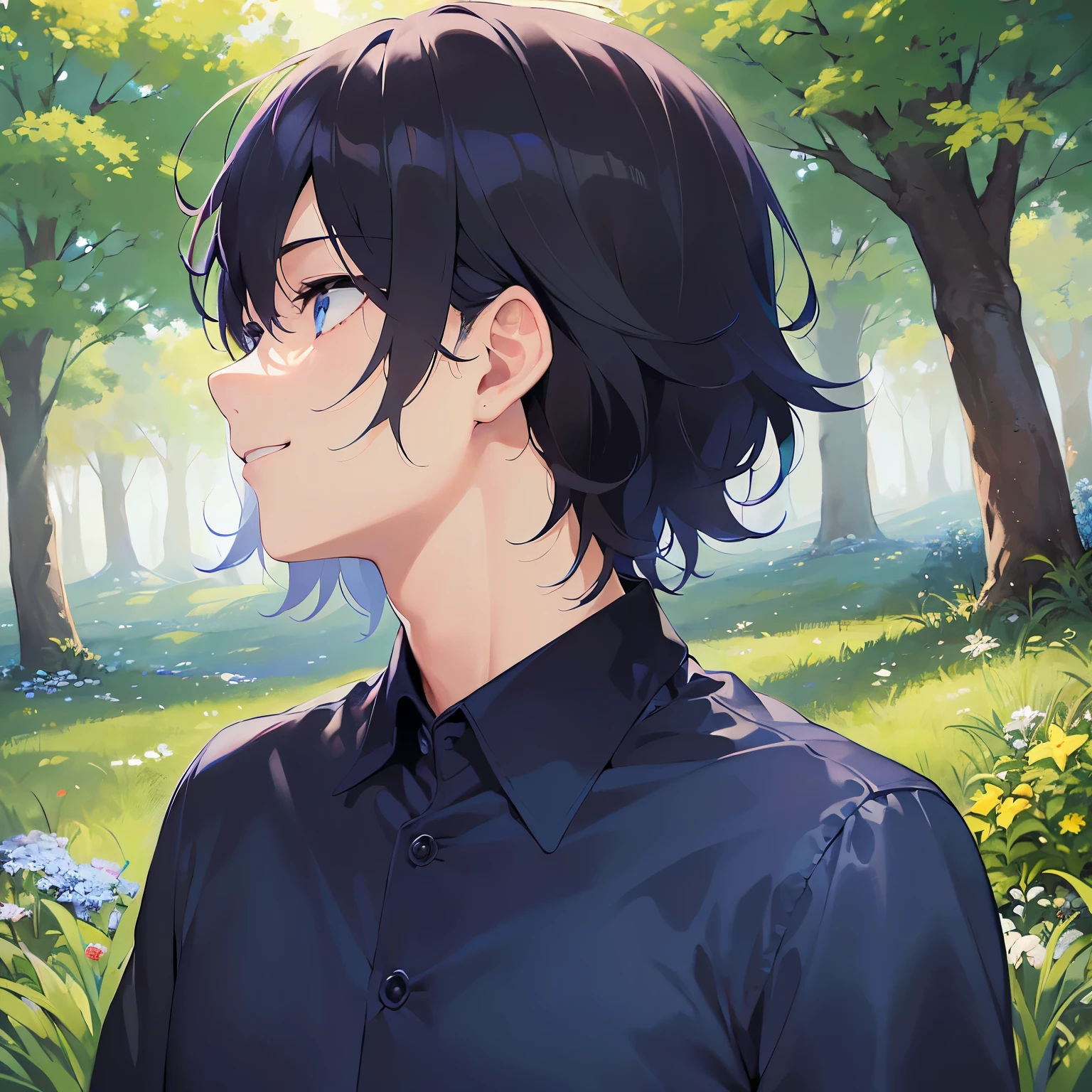 (looking up:1.5),upper body,Gazing Skyward 、Side shot、
shiny skin, masterpiece、Highest quality、
(25-year-old male:1.5) and (Black short hair) and (blue eyes),
Brown collared shirt、
smile,park,(alone:1.5)、grass,blue sky