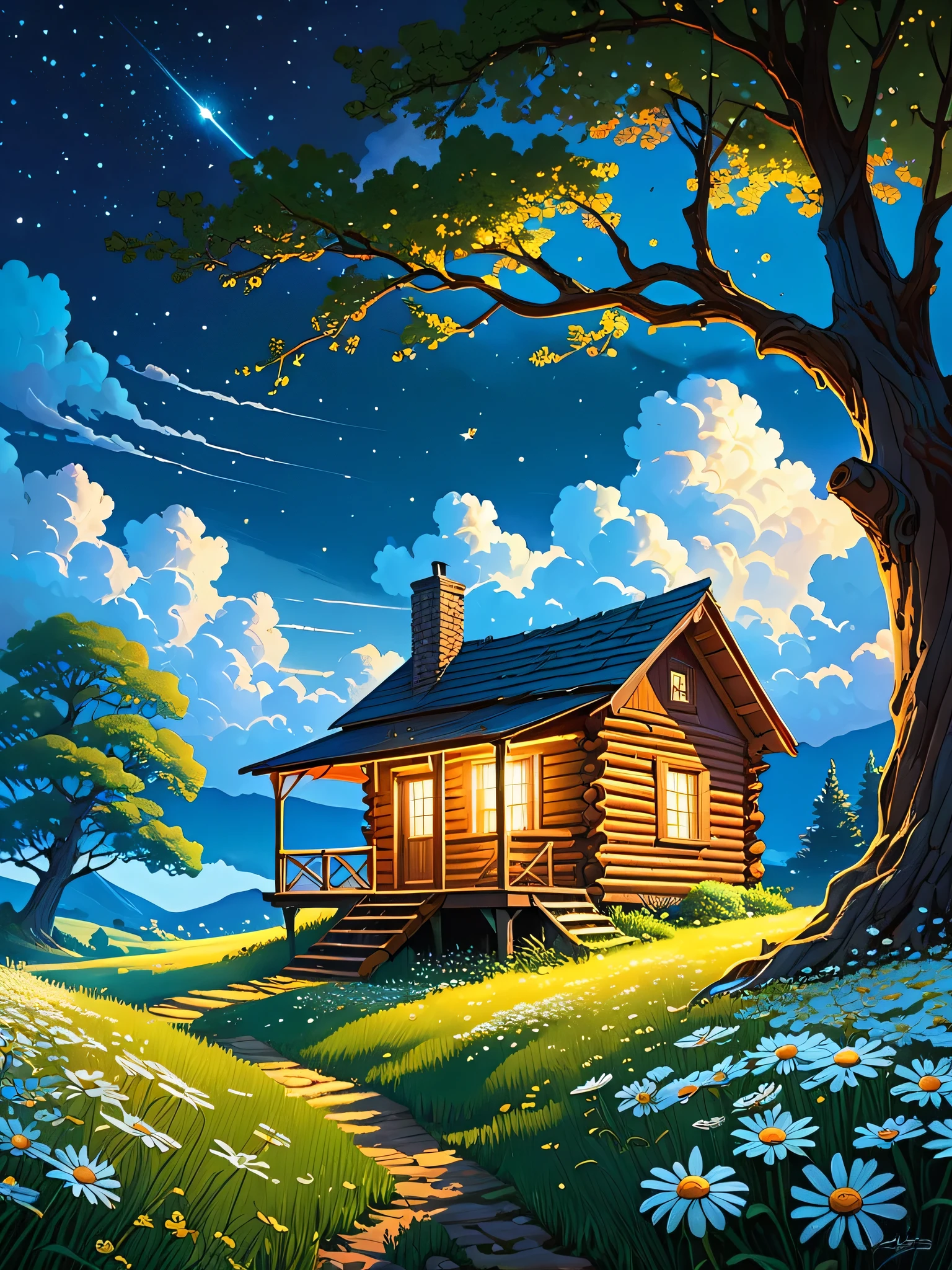 anime-realistic scene of a cabin under a tree, in a field with daisy flowers, that serene night, quiet, clouds, with some small fireflies emerging from the grassland,ULTRA Style Kilian Eng and Thomas Kinkade, Rob Gonsalves and Tim White , silvain sarriel. Rhads and Thomas Kinkade, inspired by RHADS, cyril rolando and m.I'm confused, cyril rolando and m. I'm confused, Rhads!!!, animated background, animated background art, beautiful anime scene, sobre las clouds, Kilian Eng y Thomas Kinkade, Rob Gonsalves y Tim White., silvain sarriel, Rhads y Thomas Kinkade, inspired by RHADS, cyril rolando and m.I'm confused, cyril rolando and m. I'm confused, Rhads!