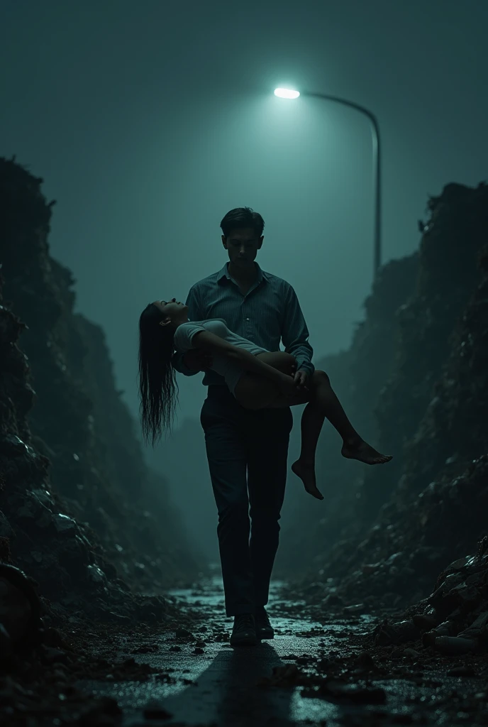 Create an image of a man wearing shirts and pants, standing in the middle of a waste management area with a dead girl carrying on his shoulder at night