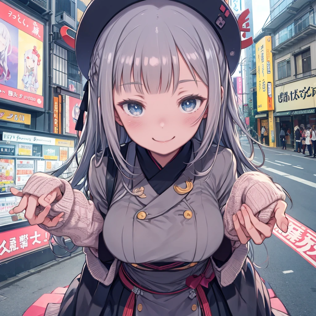 Very detailed, Absurd, Ultra-high resolution, Very detailed, Highest quality, One girl, alone, Nice hands, Perfect hands, BREAK in Winter Uniform, (Cleavage:-1.5) Destroying a happy smile, smile, Mouth closed, Are standing, 45 degrees, cuteポーズ, Cowboy Shot, Break Slender, cute, Perfectly symmetrical face, 超cute girl, 超cute face, Very detailed目, Ultra detailed hair, 超cute, Super beautiful, Taking a break in Harajuku, Shibuya Ward, Tokyo, street, crowd, Cityscape, Breaking big breasts, (Grey Hair, blue eyes), Hime cut