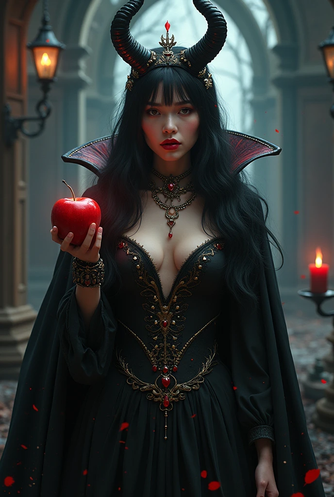Kizi,black hair long,RAINHA NEGRA,Accessories,apple in hand,poisonous apples,Witch Queen,red lipgloss stick