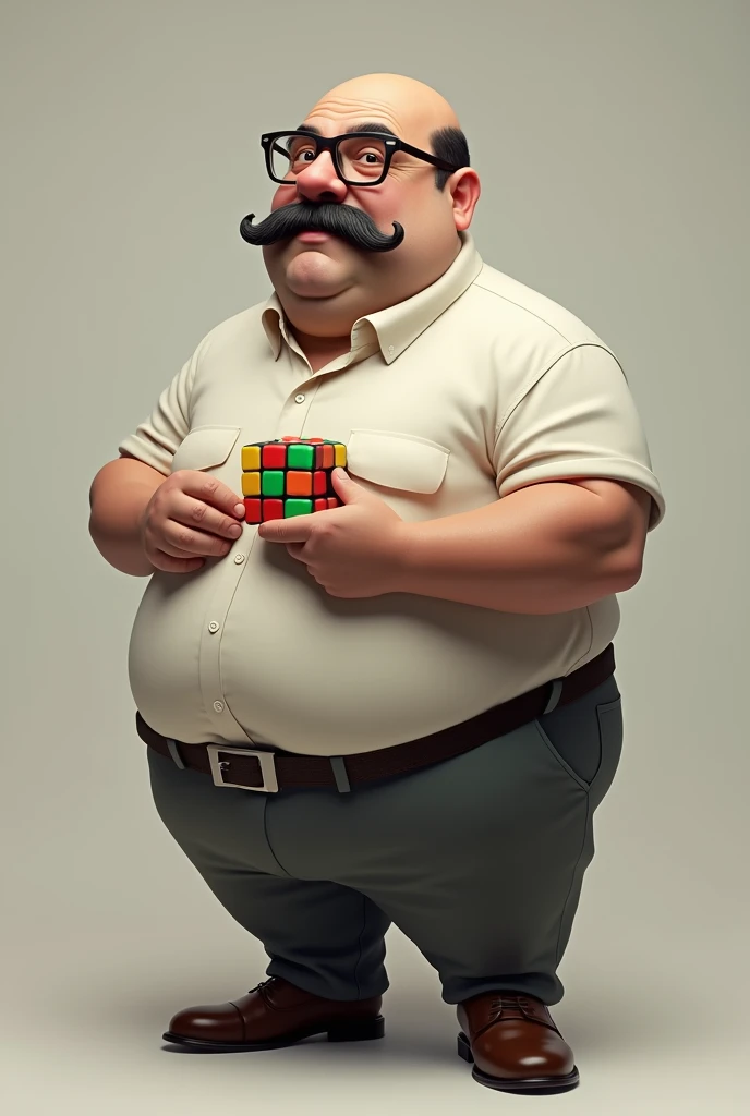 A 50 year old fat man. His height is short. He is bald. He has a big moustache. He has no beard. He wears a specs. He wears shirt and pant. His full size picture from head to toe. He has a rubix cube in his hand
