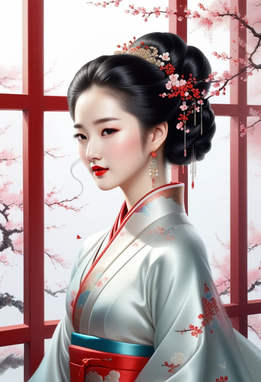 A sparkling, gorgeous jewel, Minimalist design, Public figure, reply, Ancient Beauty, Looks like Liu Yifei., window fairy, Edo hairstyle, Red lips smiled like cherry blossoms, Curved posture, white background, raised an eyebrow, Not messy, enlargement, rococo style, animation style, high detail, Contemporary art