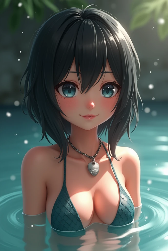 Baka-Neearts artstyle, realistic 3d, 1female, Xion, black hair, blue eyes,winking, kingdom hearts style, nude, nipples, in hotspring, dogtag necklace, hotspring background