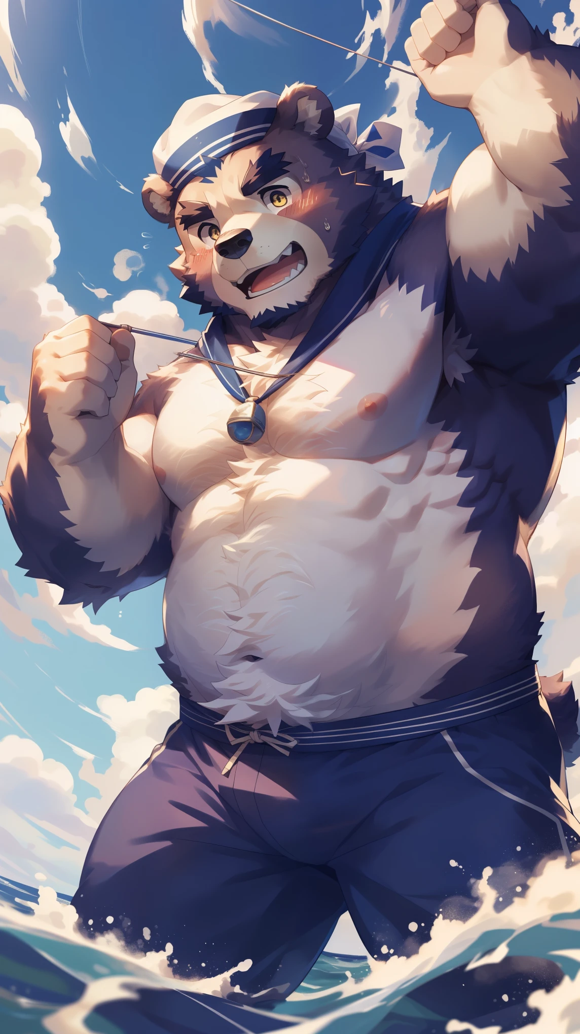 (Vision:1.5), solitary, anthropology, hairy, hairy male, Bear, ((Fluffy fur, Fluffy, hairy body)), (bear print), (Thick eyebrows), youth, muscular, pectoralis major, White fur, Golden pupils, defaced face, Detailed teeth, fundos, sailor, 蓝白条纹sailor服, White beret, on a speedboat, Sailing, sideways, Shy expression, blush, Sweat,  (Dynamic poses:1.5), Clear facial features, Strong, majestic, Solo, panoramic, Fog atmosphere, early morning, Tyndall light effect, on a speedboat, early morning的阳光, (By Empty Ghost, From bear20, masterpiece, high quality, high resolution,8k)