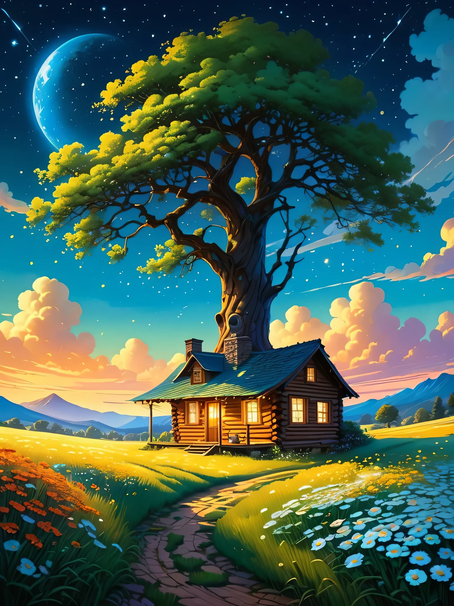 anime-realistic scene of a cabin under a tree, in a field with daisy flowers, that serene night, quiet, clouds, with some small fireflies emerging from the grassland,ULTRA Style Kilian Eng and Thomas Kinkade, Rob Gonsalves and Tim White , silvain sarriel. Rhads and Thomas Kinkade, inspired by RHADS, cyril rolando and m.I&#39;m confused, cyril rolando and m. I&#39;m confused, Rhads!!!, animated background, animated background art, beautiful anime scene, sobre las clouds, Kilian Eng y Thomas Kinkade, Rob Gonsalves y Tim White., silvain sarriel, Rhads y Thomas Kinkade, inspired by RHADS, cyril rolando and m.I&#39;m confused, cyril rolando and m. I&#39;m confused, Rhads!
