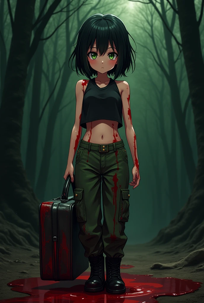girl, 17 years old, ligh green hair, short haircut, purple eyes, short overalls, tattoed arm,, half naked, sexy clothing, sensual, in dark forest, holding chainsaw, looking at viewer, sinister sensual smiling, no underwear , blood in the body