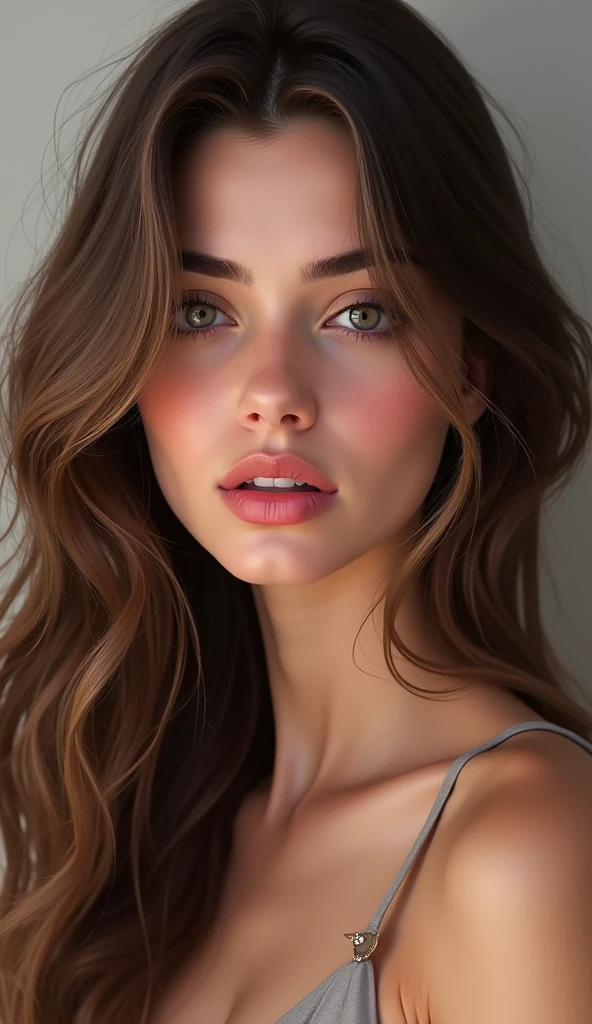 a woman with long brown hair and a pink lip, sultry digital painting, glossy digital painting, hyperrealistic beautiful face, digitl art do retrato, digitl art. @mariomaniacdude, Realistic pretty face, photorealistic beautiful face, realistic spanish woman painting, in digital painting style, beautiful and realistic face, retrato de digitl art, megan fox colorful portrait