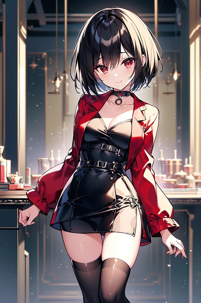 (masterpiece, highest quality, highest quality, (No text), Beautiful and aesthetic:1.2),No text,アニメ、BREAK,One Girl,Black Hair Girl short hair older sister choker Beautiful eyes Red eyes cool smile Black and Red Black jacket stockings whole body In town