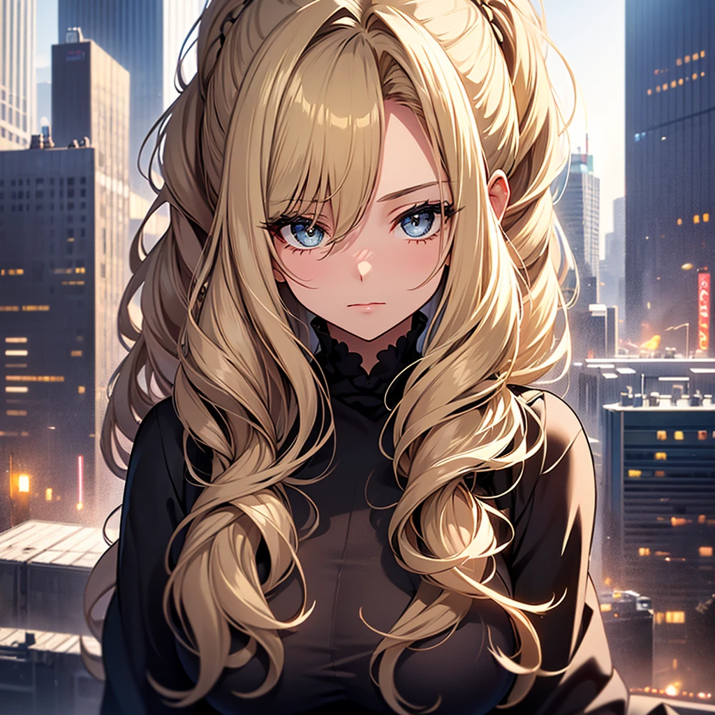(1Girl)),((28 years old)), ((Softly pinned Half Up do)), Blonde hair, Exaggerated Body, Sexy, Black Dress,((city background)), Close up, ((Adult))