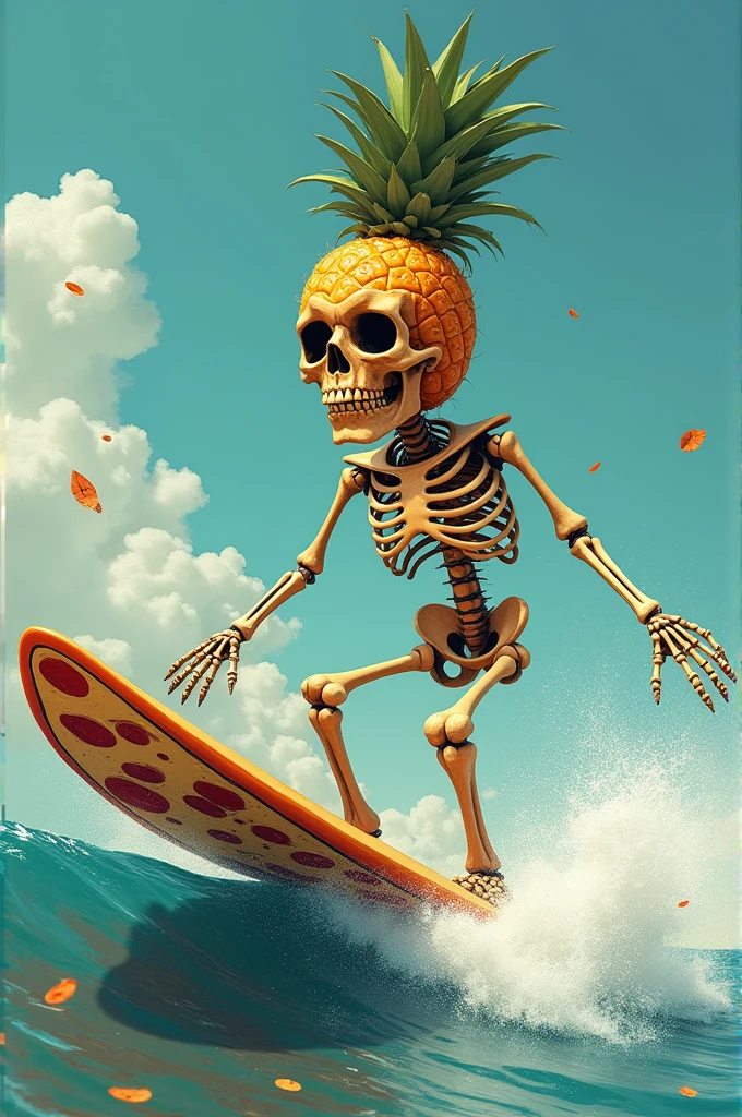 Pineapple head skeleton surfing pizza surfboard no background 