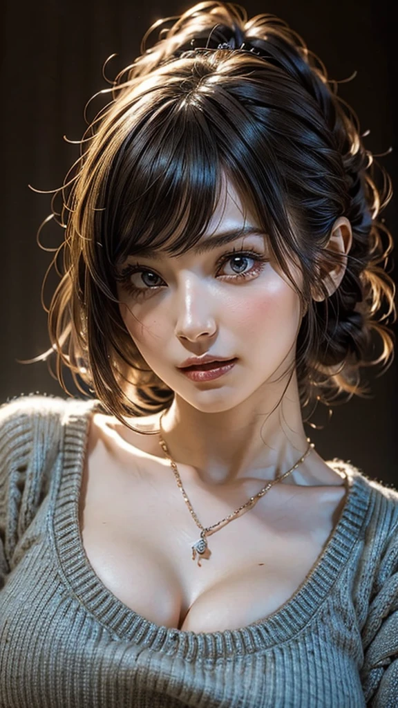 ((Beautiful Face:1.4)), (Purelos Face_v1: 1.0), (Highest quality, 8k, 32K, masterpiece, Ultra-high resolution:1.2),Beautiful Japanese Women Photos, Large Breasts, Very short bob hair,Upper Body,(Extra Large_sweater,:1.1) necklace, Simple Background, Look around,((Natural big breasts:1.2))
