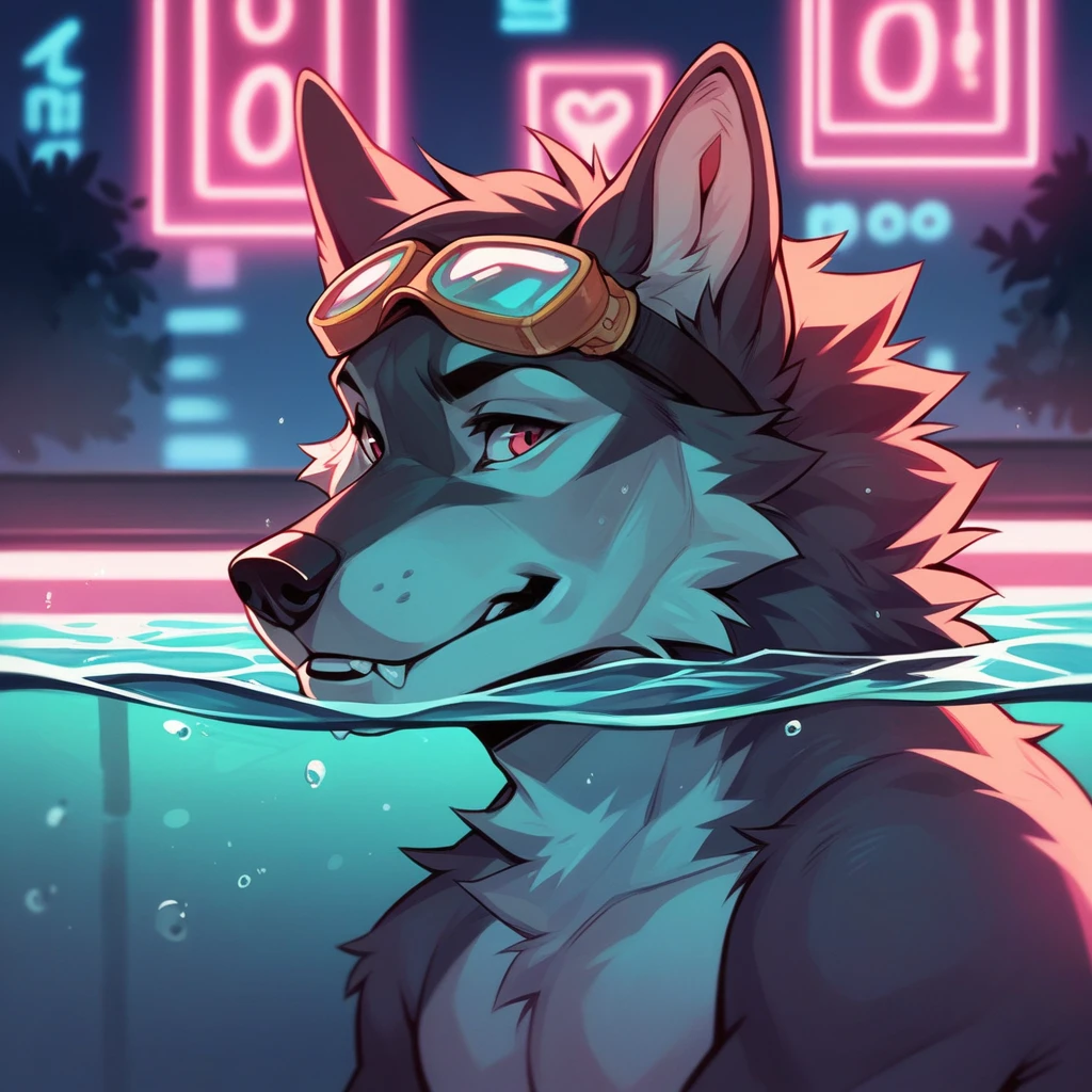 Cerberus, wolf, under water photograph, swimming goggles, mode, neon lights, cinematic, vibrant, canine penis