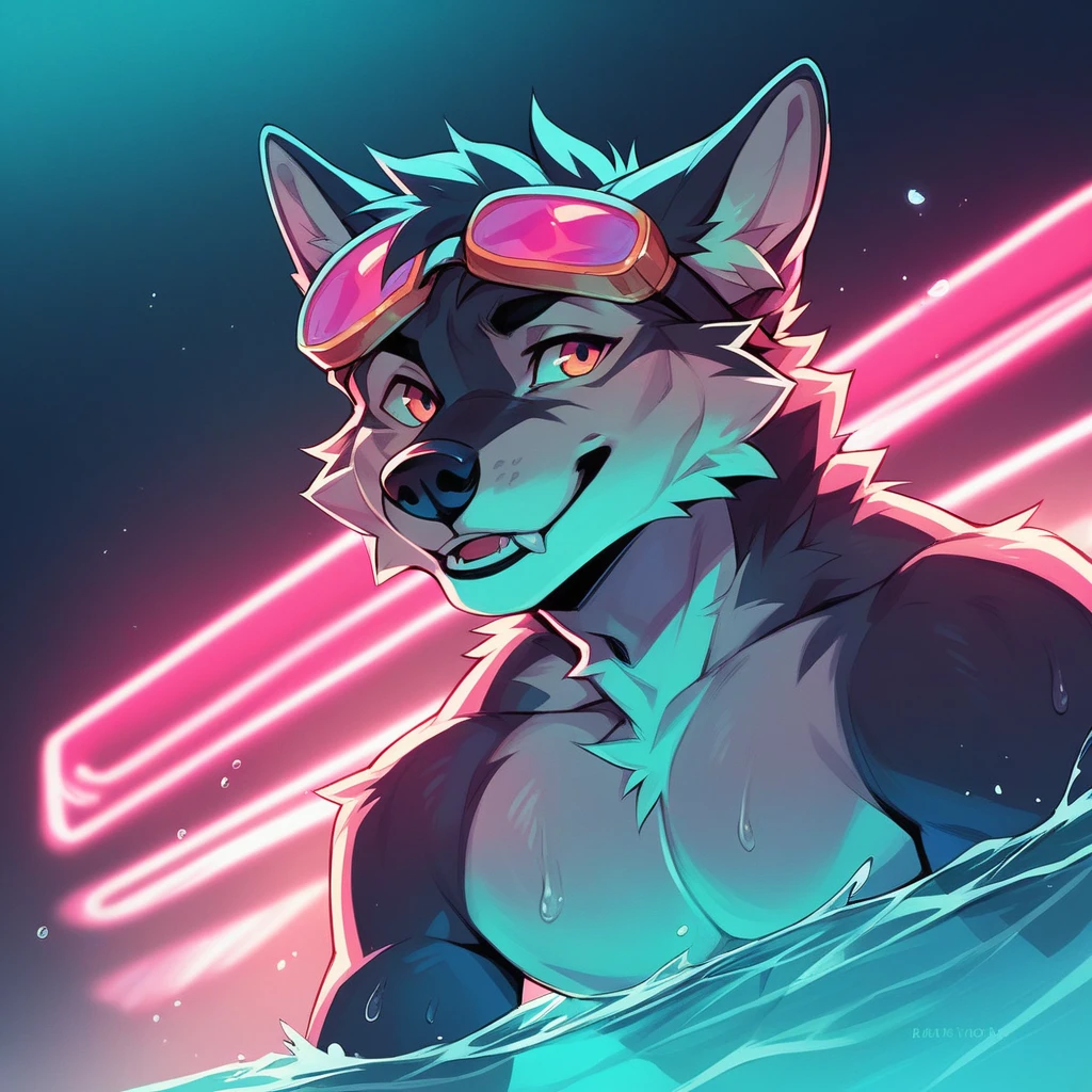 Cerberus, wolf, under water photograph, swimming goggles,  mode, neon lights, cinematic, vibrant, canine penis