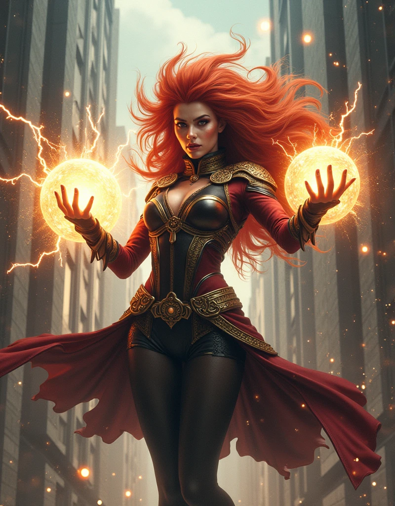 Masterpice, the nefarious, gorgeous, redhead Female Supervillain Queen in (the City Center), (blown away heavy metal hairstyle), levitate in the air, well designed ornatrd costume, showing off power, thunder and lightning, powerfull orb of power, detailed face, detailed body, detailed hair, perfect anatomy, insanely detailed and intricate, ultra sharp focus, ultra high definition, cinematic, volumetric lighting, professional color grading, Art by ArtGerm, Greg Rutkowski