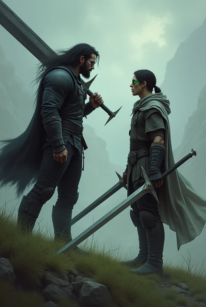 Two friends at war, one strong man in a heavy black leather jacket, in heavy black boots, on his shoulder is a huge heavy sword, he has long hair and glasses, the second one is tall with a light two-handed sword and short hair, in a cloak and green glasses on a hill covered with grass in a dark fantasy style
