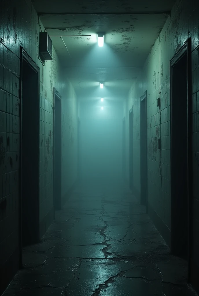 Abandoned haunted school bassement, dark, foggy