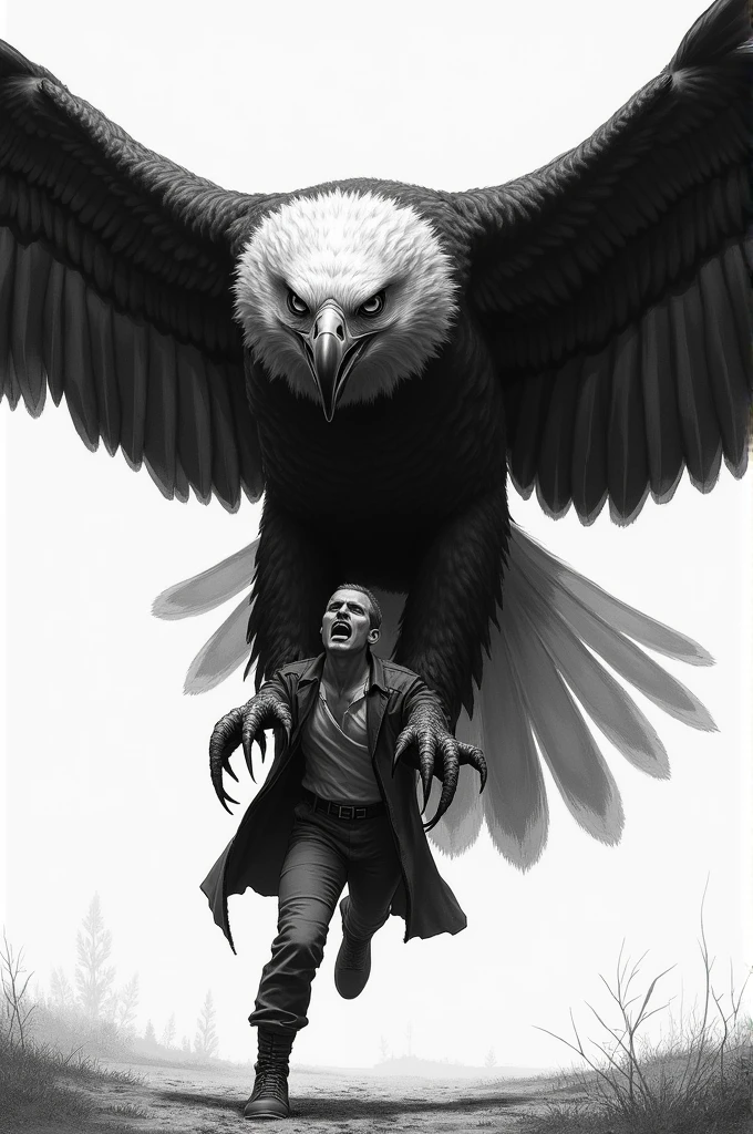 Create a drawing image without color, scene is a man in hand of big eagel.