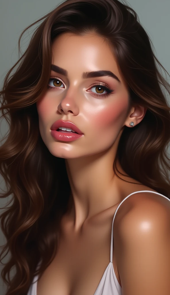 a woman with long brown hair and a pink lip, sultry digital painting, glossy digital painting, hyperrealistic beautiful face, digitl art do retrato, digitl art. @mariomaniacdude, Realistic pretty face, photorealistic beautiful face, realistic spanish woman painting, in digital painting style, beautiful and realistic face, retrato de digitl art, megan fox colorful portrait