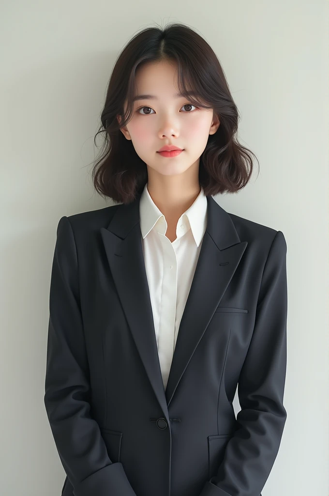 20 years old, female, Japanese, fair skin, neat, cute, semi-long, suit