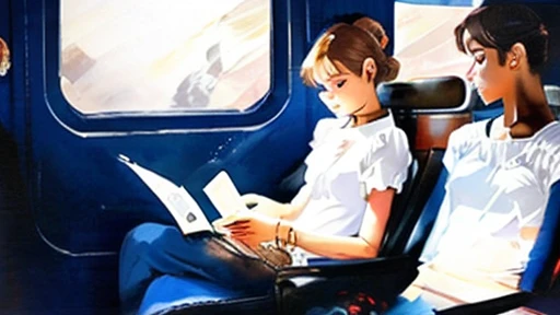 Sitting alone on the train, Holding a white book. The train&#39;s interior is bathed in cool blue hues., With light wooden floor、There is a large window overlooking the street outside.. , It&#39;s like being lost in a book. , A beige backpack was on the bench next to him.. The city skyline can be seen from the window, The top of the white town is just visible. It looks like it&#39;s sunny outside, There are a few clouds scattered in the sky.#新海誠のstyle 情報電車内に座って見る，Cartoon train passing through water on rails, Bright starry sky. Blue romantic train, Photo by Makoto Shinkai, Pure, Concept Art, Lofi Art style, reflection.，新海誠のアニメーションアートstyle, Lofi Art, Beautiful anime scene, Anime Scenery, Detailed view, Xin Haichen&#39;style, Xin Haichen&#39;style, Highlight details

