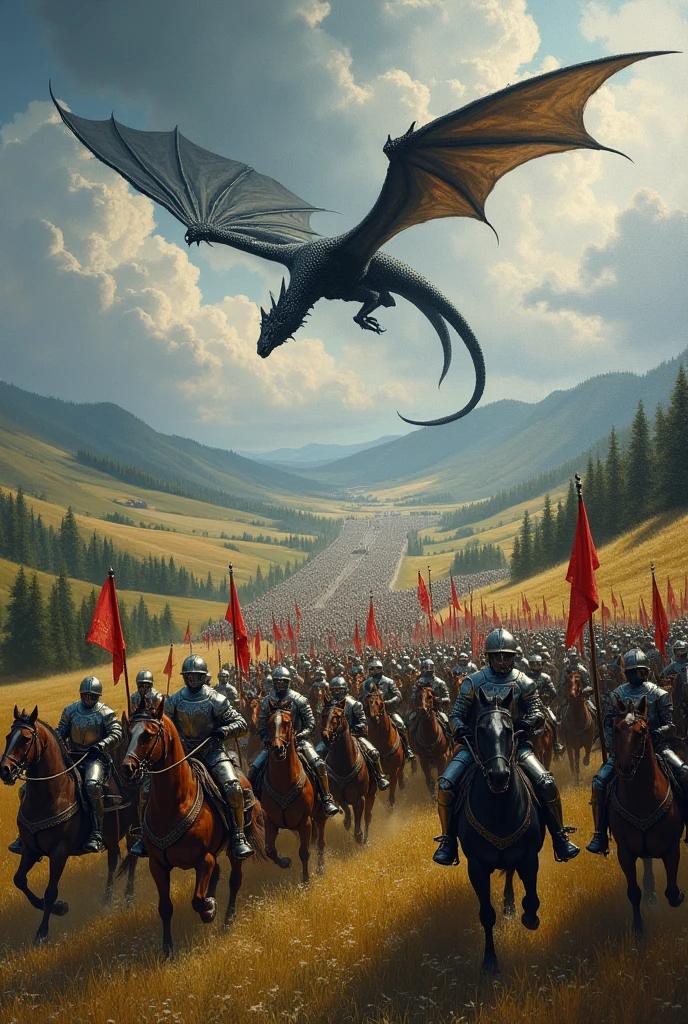 Make a painting of a medieval army marching and far away in the sky a black dragon flying