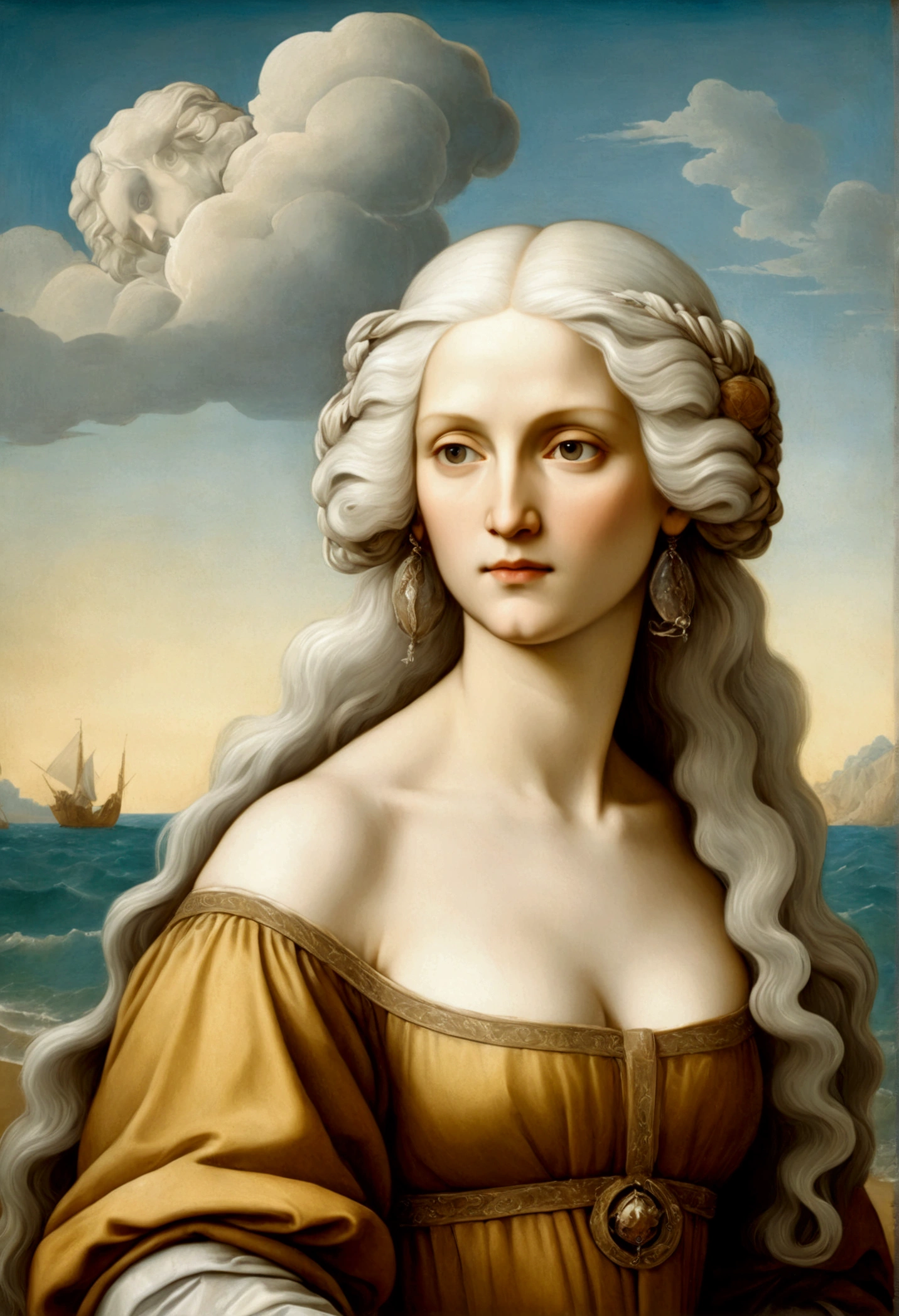 ((Highest quality)), ((masterpiece)), (detailed), Beach,White Hair,Fantasy,baroque painting,Leonardo da Vinci,Michelangelo,