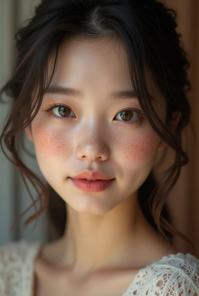 Freckled woman taking a photo, kawaii Realistic portrait, spotted ultra Realistic, 8K Art Jam Bokeh, photoRealistic beautiful face, hyper Realistic anime, photoRealistic anime, hyper-Realistic cg, Light and cute freckles, Realistic. Chen Yi, hyperRealistic beautiful face, Realistic portrait photo, hyperRealistic picture, ultra - Realistic faces