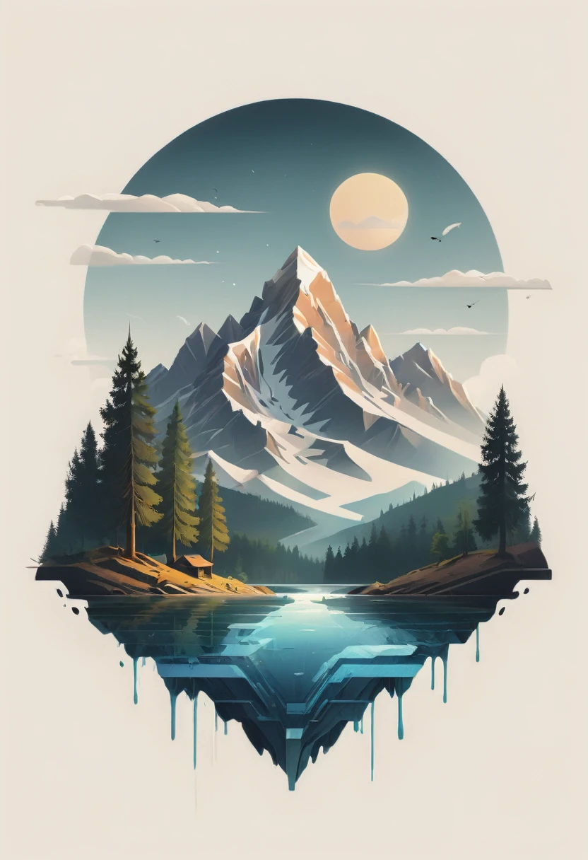 impressive painting of a mountain with trees and water, a detailed painting by Petros Afshar, shutterstock contest winner, environmental art, detailed painting, outlined art, 2d game art, isolated background for logo, strong contours, logo design
