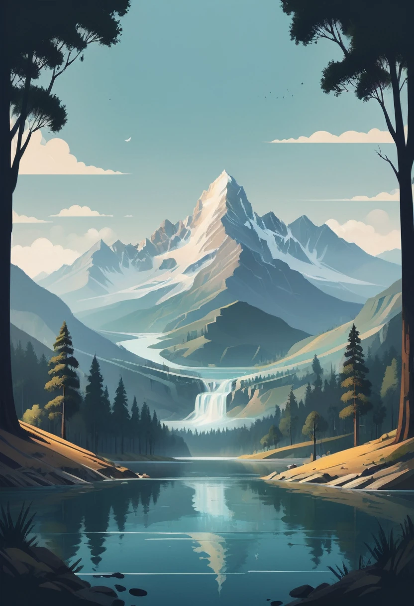 impressive painting of a mountain with trees and water, a detailed painting by Petros Afshar, shutterstock contest winner, environmental art, detailed painting, outlined art, 2d game art, isolated background for logo, strong contours, logo design