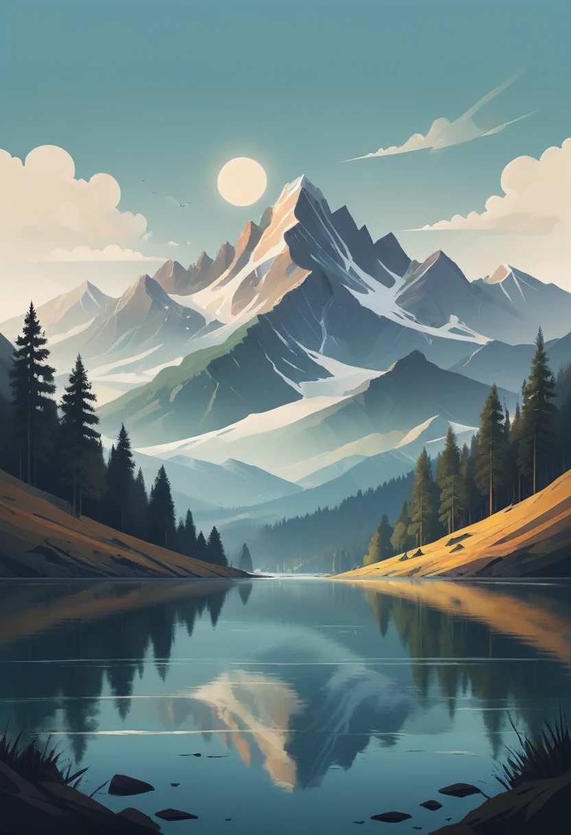 impressive painting of a mountain with trees and water, a detailed painting by Petros Afshar, shutterstock contest winner, environmental art, detailed painting, outlined art, 2d game art, isolated background for logo, strong contours, logo design