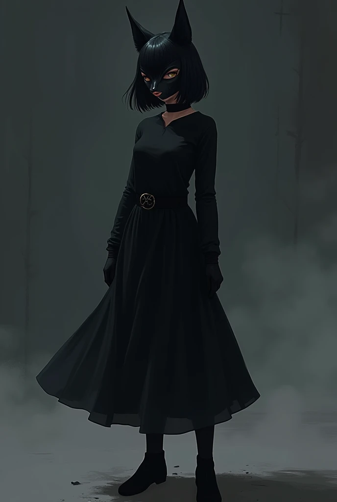 Female, Anime, Short black-haired, Faired skin, Black fox mask fully covering her face, Black long-sleeved shirt, Black medium-skirt, Black boots