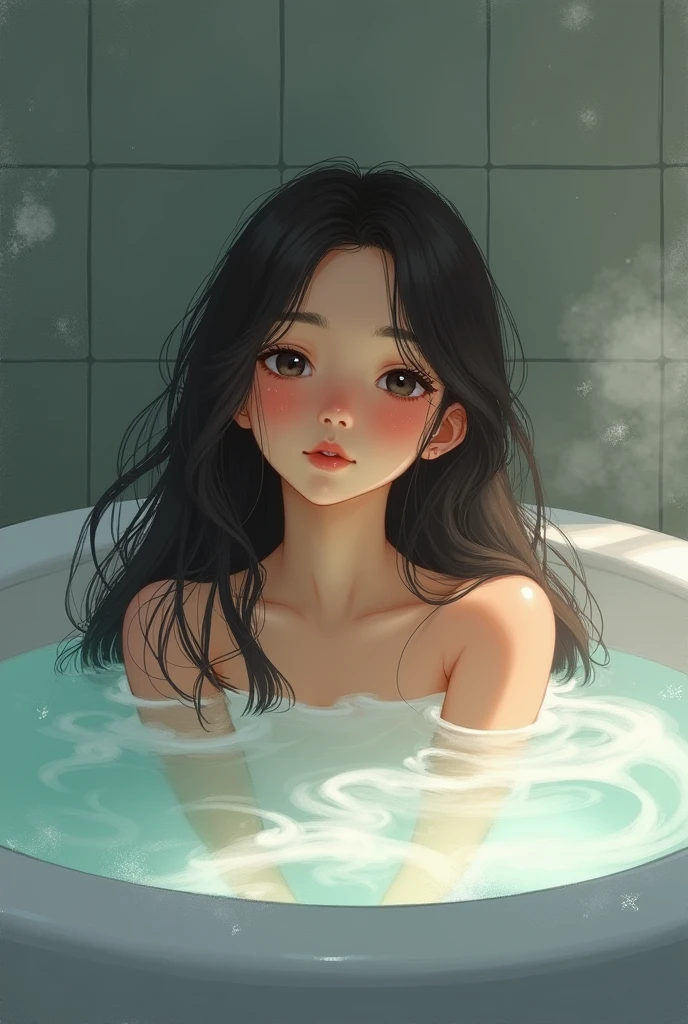 A fourteen-year-old girl taking a bath