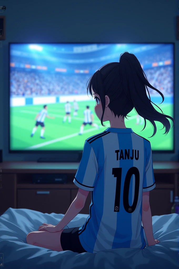 anime girl with Argentina jersey watching football match on tv and written TANJU and 10 on the back of his Dress , 4k