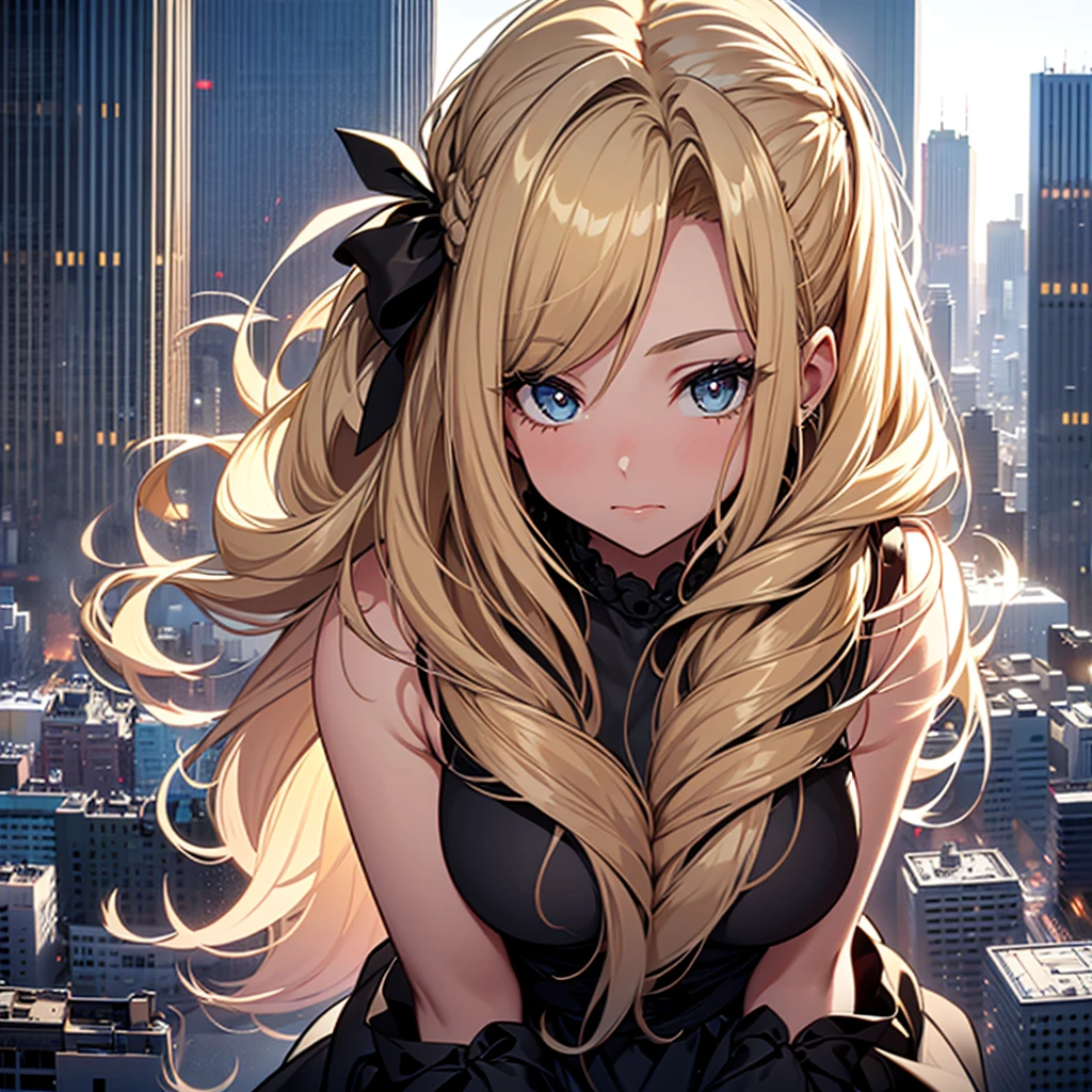 (1Girl)),((28 years old)), ((Softly pinned Half Up do)), Blonde hair, Exaggerated Body, Sexy, Black Dress,((city background)), ((Adult))