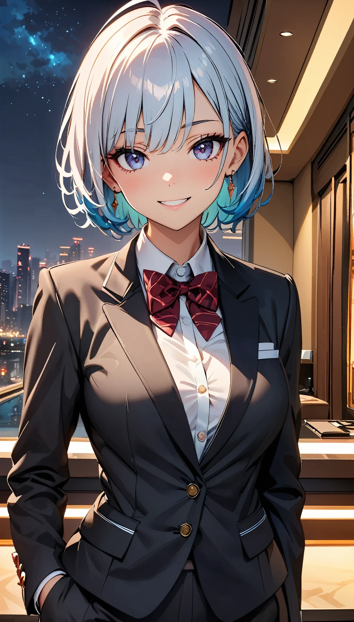 (Highest quality:1.2, Attention to detail, masterpiece:1.2, Best aesthetics), (1 girl), Cowboy Shot, ((Hotel front desk uniform, Concierge:1.2, Sleek design, A symbol of hospitality)), (Silver Hair, short hair, Ahoge, Red eyes), 美しいAttention to detail目, Beautiful lip detail, Highly detailed face, Detailed Fashion, elegant, luxury, High quality fabric, smile, Hotel front desk work, Hotel Background, night, Dramatic lighting, Cinematic, Bright colors, Intricate details, Chiaroscuro lighting. 
