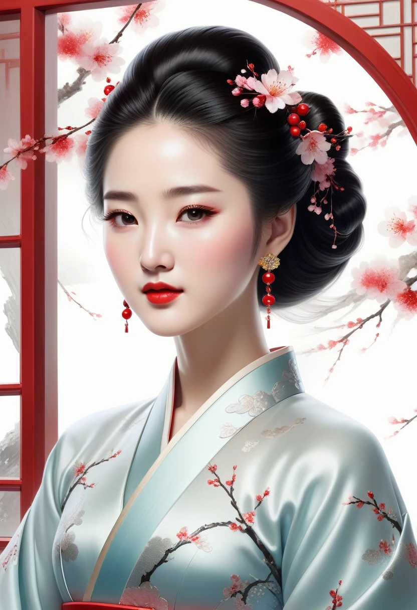 A sparkling, gorgeous jewel, Minimalist design, Public figure, reply, Ancient Beauty, Looks like Liu Yifei., window fairy, Edo hairstyle, Red lips smiled like cherry blossoms, Curved posture, white background, raised an eyebrow, Not messy, enlargement, rococo style, animation style, high detail, Contemporary art