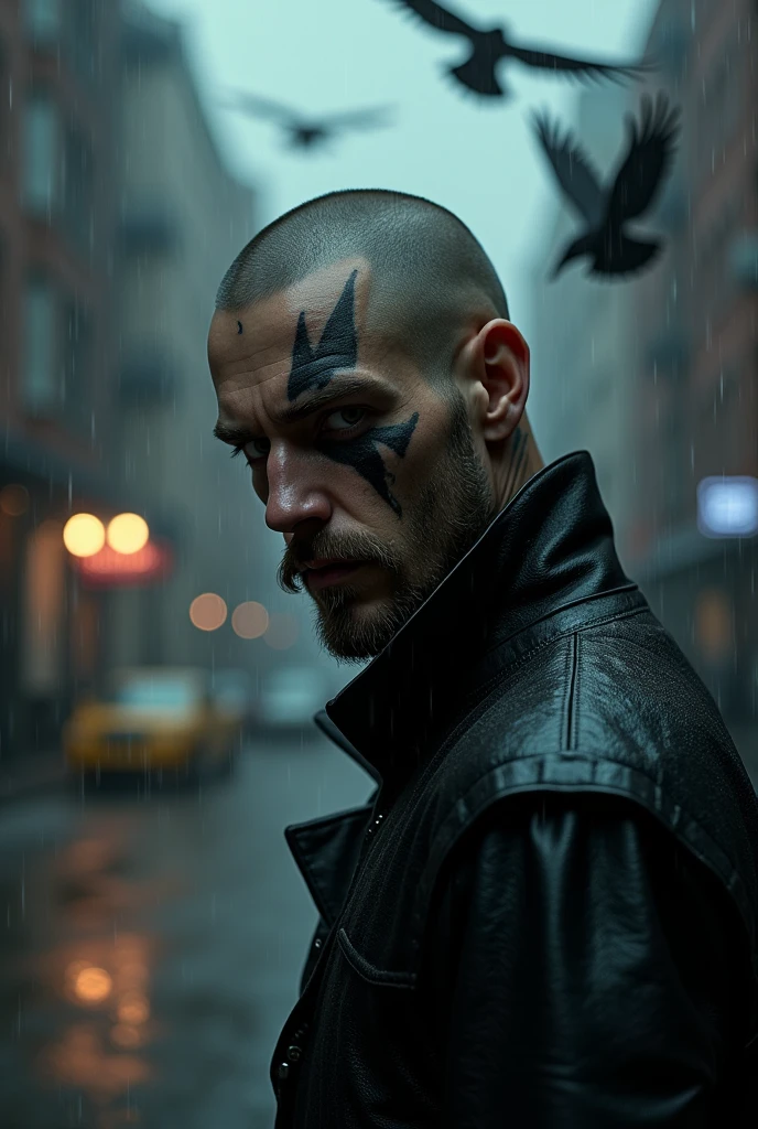 Tattod male model shaved head pointy mustache, soul pach, very visible glasgow smile scars, as a crow (comicbook and film caracter) in a dark and wett city crows flying in the becground