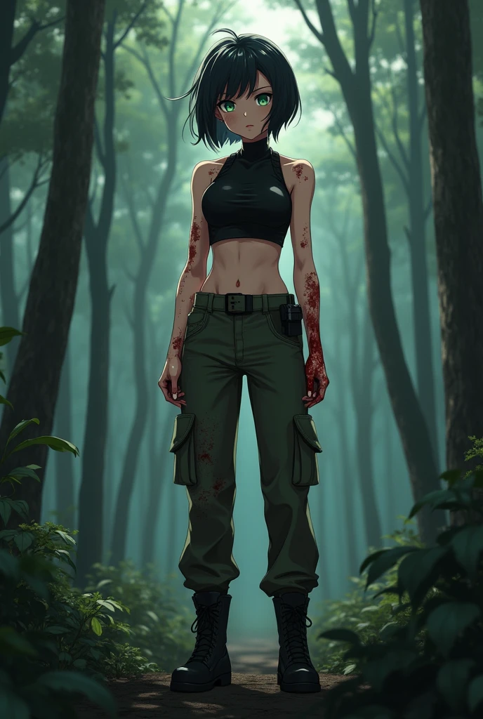 Anime girl, short black hair, small mullet, olive-green eyes, black tight fitting crop-top, olive-green parachute pants, black combat boots, covered in blood, dark forest background 